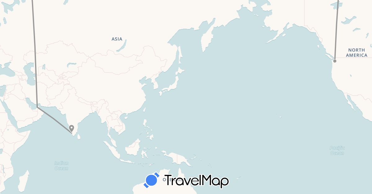 TravelMap itinerary: driving, plane in United Arab Emirates, India, United States (Asia, North America)